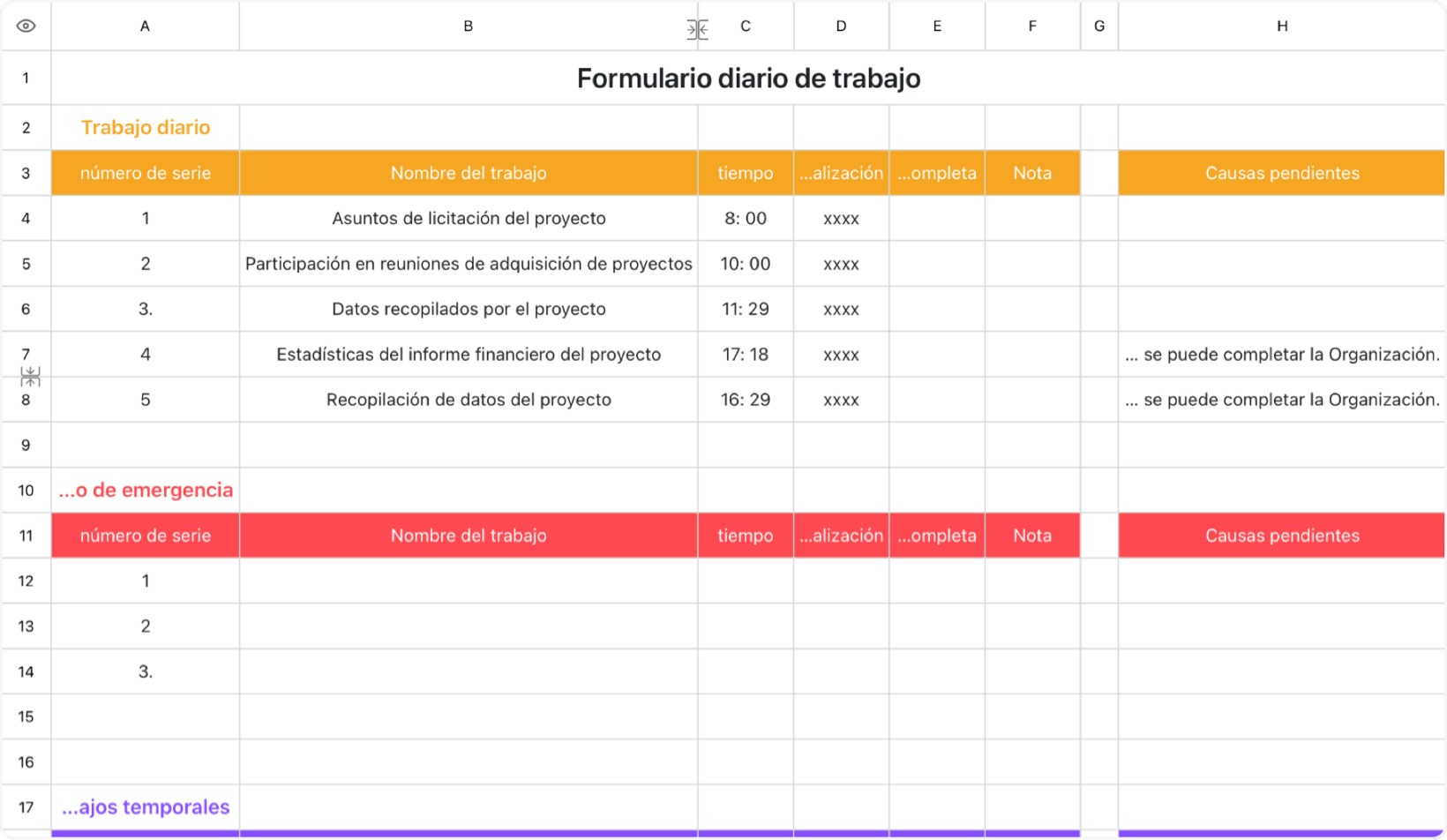 Plantilla general del Diario de trabajo